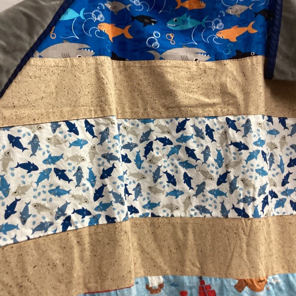 Kids Shark Pirate FishQuilt Blanket‎ Blue Red Multi Beach Ocean Theme 44 x 40